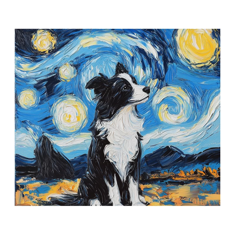 Border Collie in Starry Night: A Van Gogh-Inspired Painting Tapestry