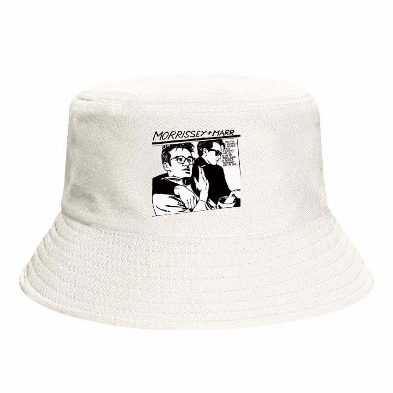 Black and White Comic Style Portrait of Morrissey and Marr with Dark Humor Quote Bucket Hat