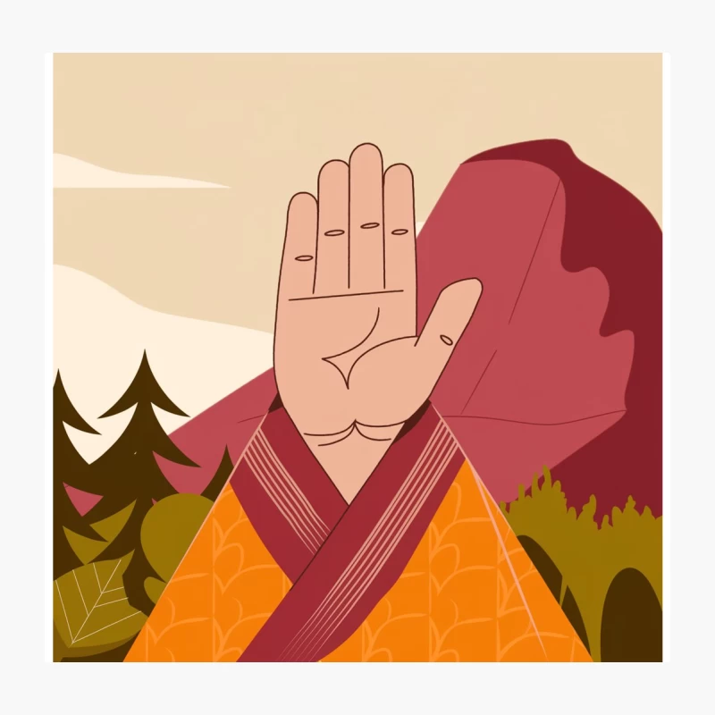 Stylized Buddhist Monk in Mountain Landscape Throw Pillow