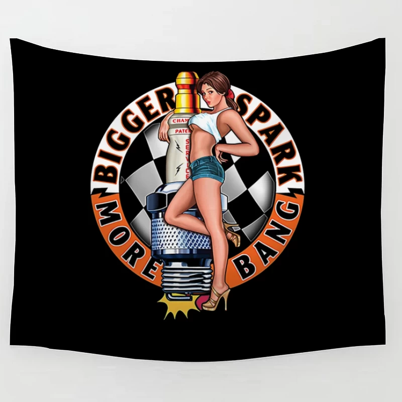 Retro Pin-Up Automotive Spark Plug Design Tapestry