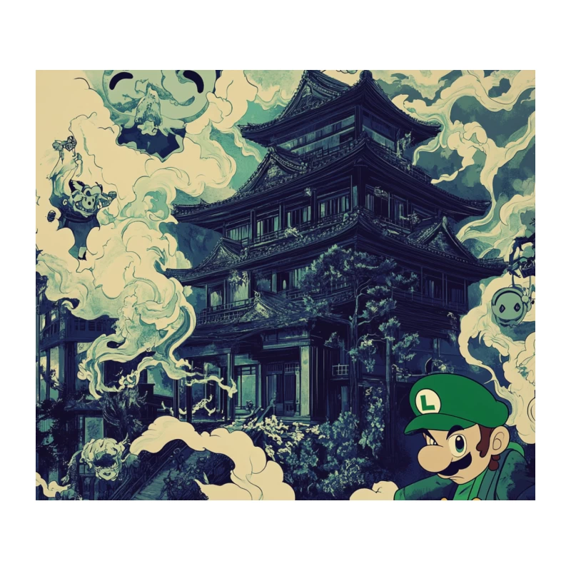 Surreal Mario Adventure: Japanese Temple Meets Video Game Fantasy Tapestry