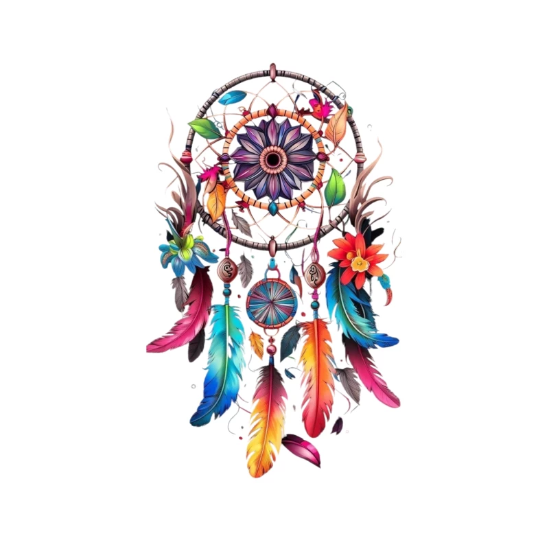 Colorful Dreamcatcher with Feathers and Flowers Throw Pillow