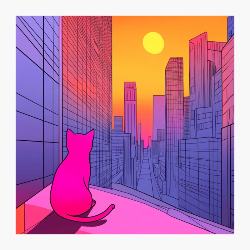 Neon Cat Watching Retro Vaporwave Cityscape at Sunset Pin