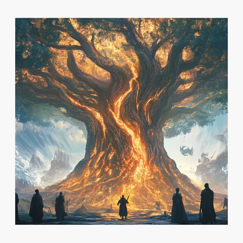 Mystical Glowing Tree with Silhouetted Figures in Epic Fantasy Landscape Throw Pillow