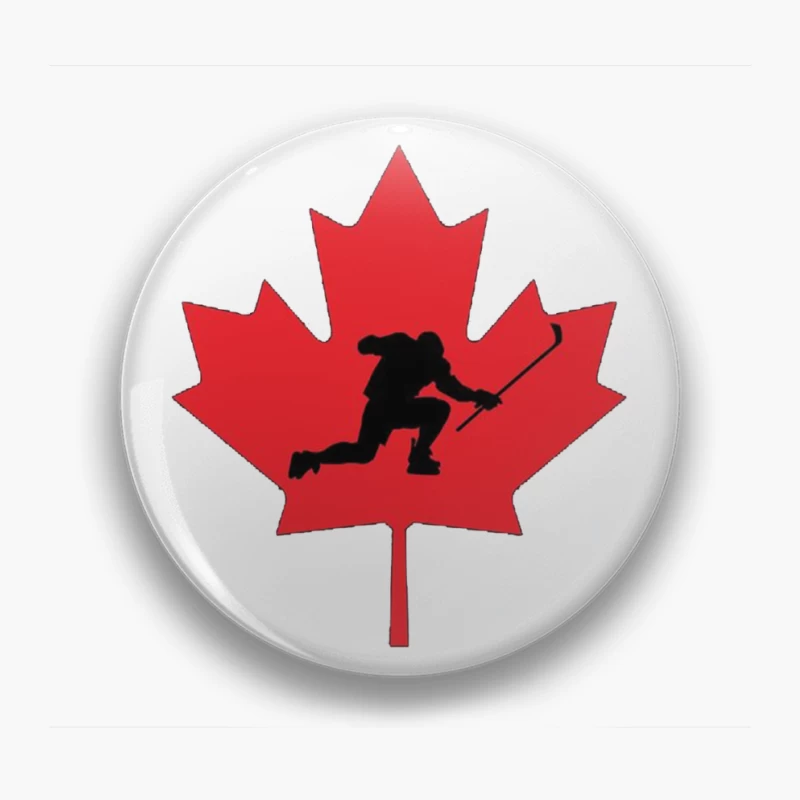 Canadian Hockey Player Silhouette on Red Maple Leaf Pin