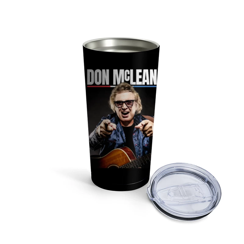 Energetic Musician Performing with Acoustic Guitar in Blue Jacket Travel Mug