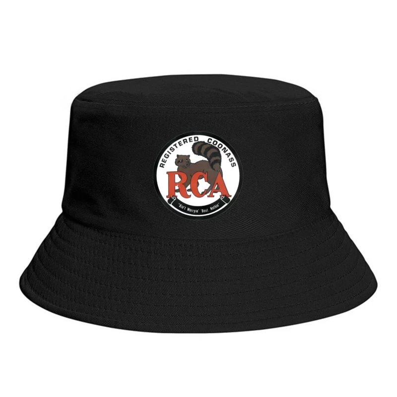 Registered Coonass RCA Logo with Raccoon Mascot and Humorous Slogan Bucket Hat