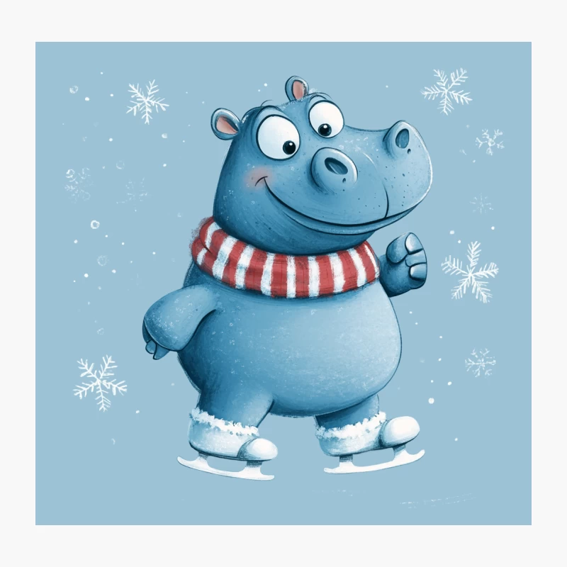 Cute Cartoon Hippo Ice Skating in Winter with Red Striped Scarf Throw Pillow