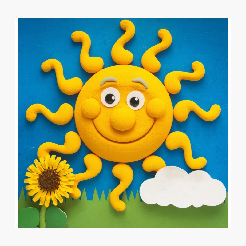Cheerful Clay Sun with Sunflower and Cloud Throw Pillow