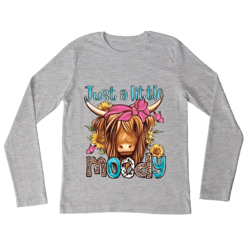 Highland-Kuh mit Blumen und Stimmung Damen Langarm T-Shirt
