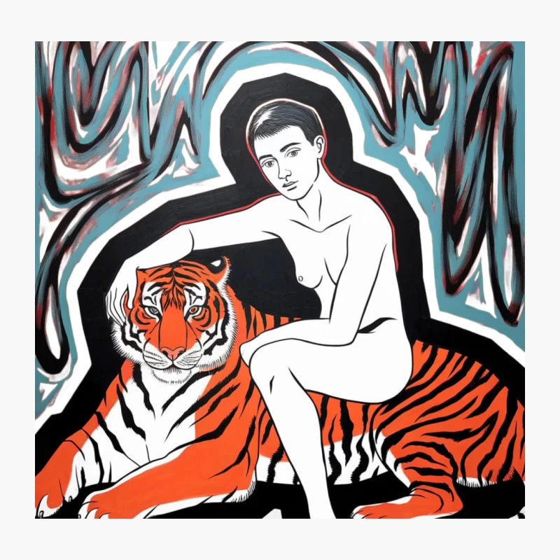 Surreal Nude with Tiger: Abstract Contrast Art Throw Pillow