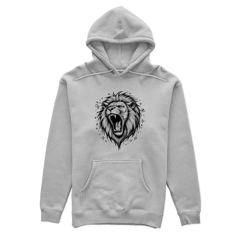 Detailed Roaring Lion Illustration in Black and White Female Pullover Hoodie