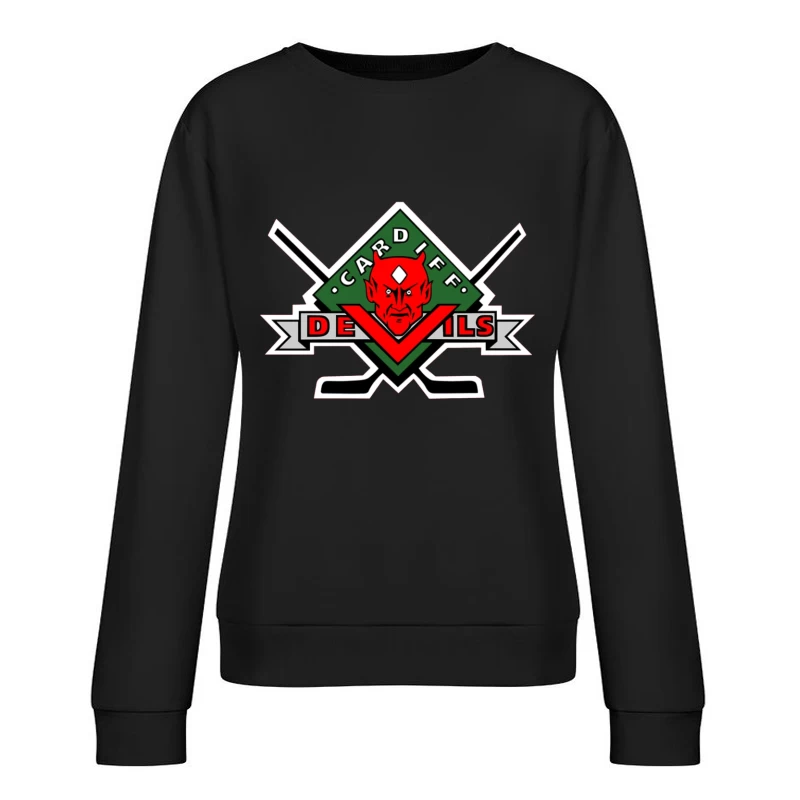 Cardiff Devils Hockey Team Logo with Red Devil Mascot Female Pullover Sweatshirt