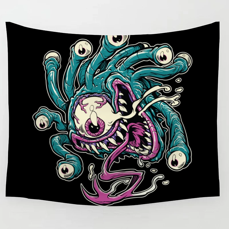 Colorful Cartoon Monster with Tentacles and Eyes Tapestry