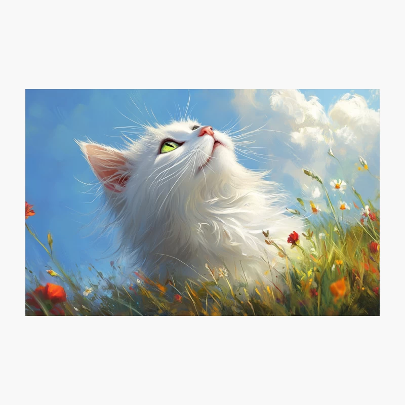 Whimsical White Cat in Summer Meadow Travel Mug