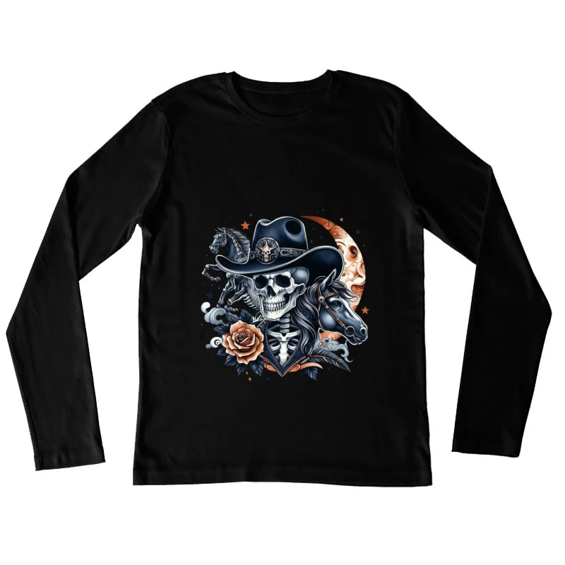 Skeleton Cowboy with Horses and Floral Elements Female Long Sleeve T-Shirt