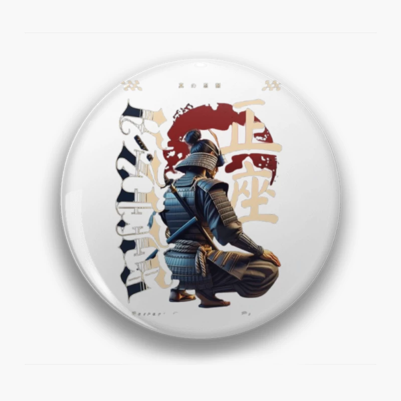 Kneeling Samurai Warrior with Traditional Japanese Calligraphy Pin