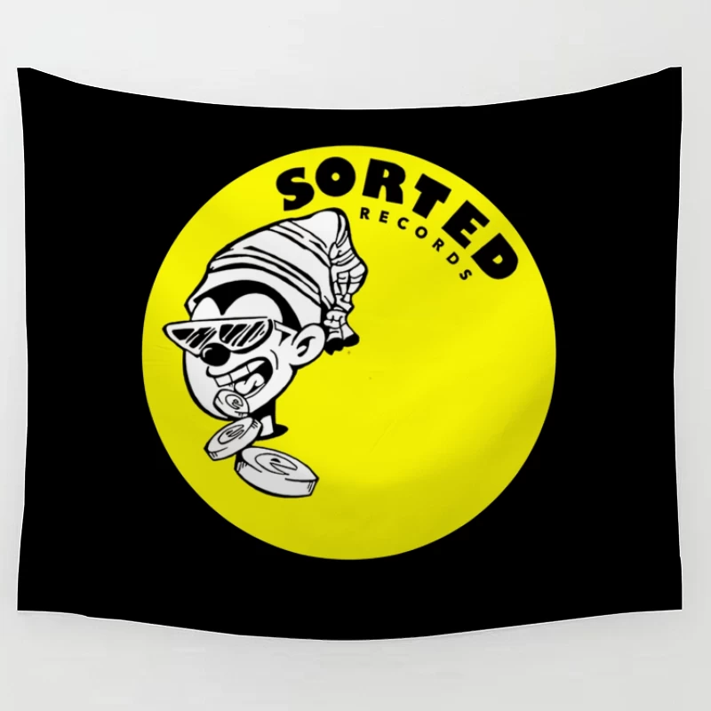 Sorted Records Label Logo with Cool Cartoon DJ Character Tapestry