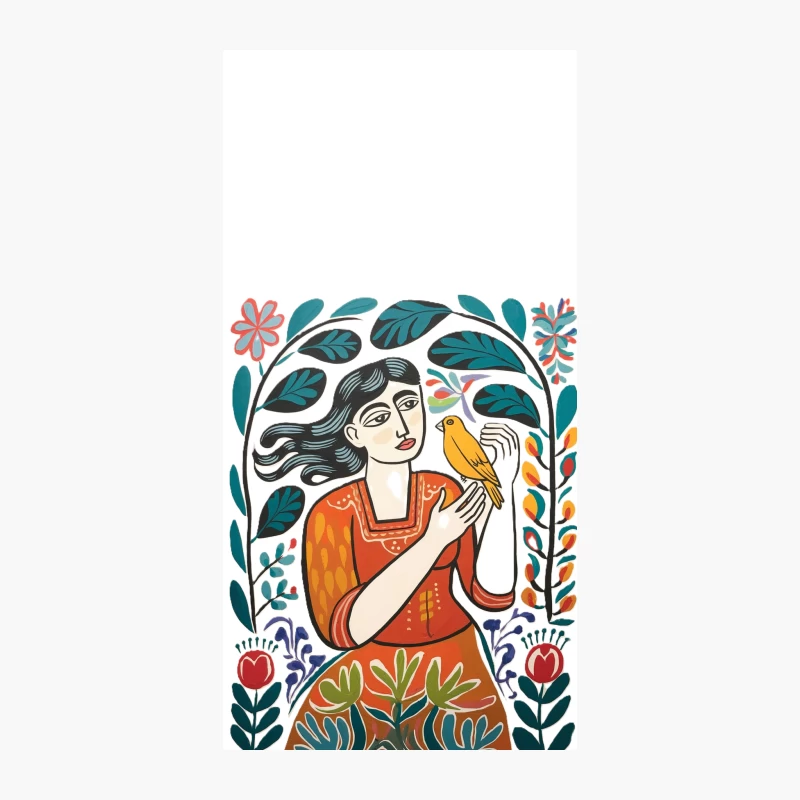 Vibrant Folk Art Illustration: Woman and Bird Amidst Floral Nature iPhone Case