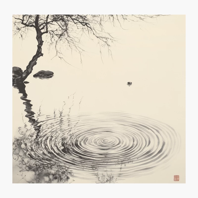 Tranquil Ripples: Minimalist Ink Painting of Nature Throw Pillow