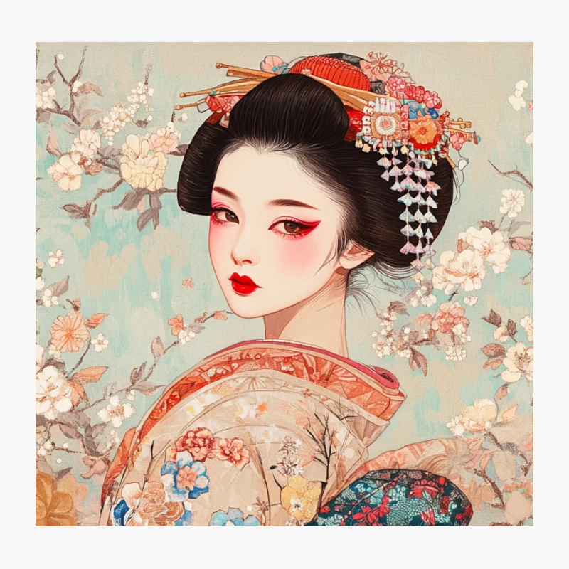 Traditional Japanese Geisha Illustration with Cherry Blossoms Throw Pillow