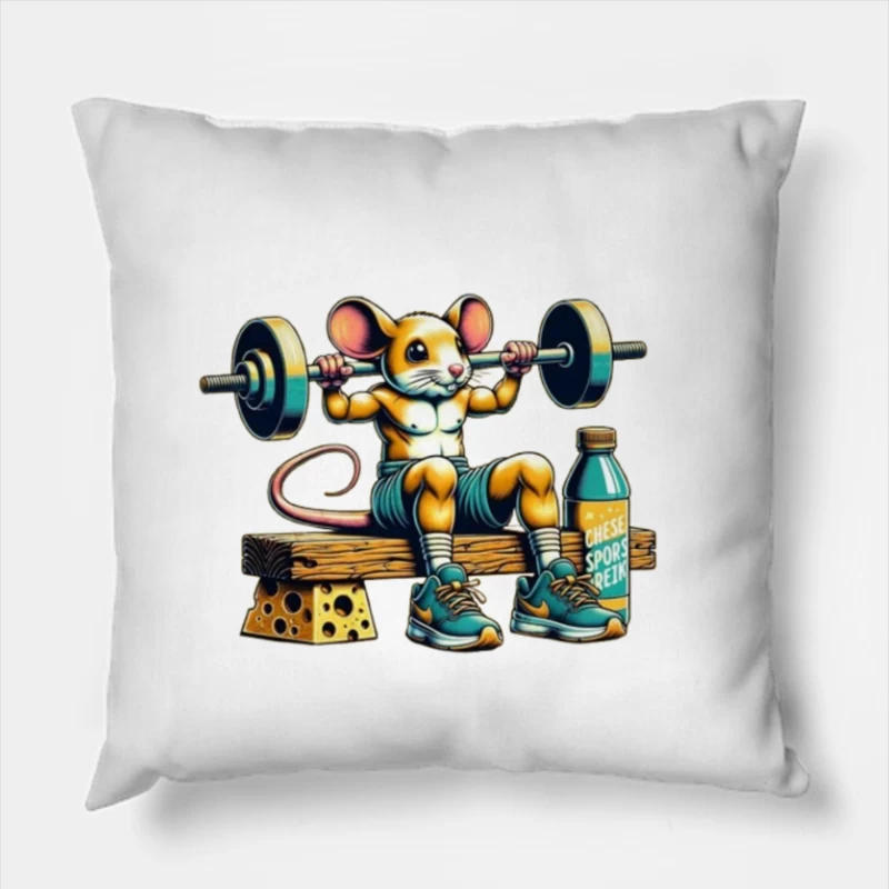 Buff Mouse's Weightlifting Workout with Cheese and Sports Drink Throw Pillow