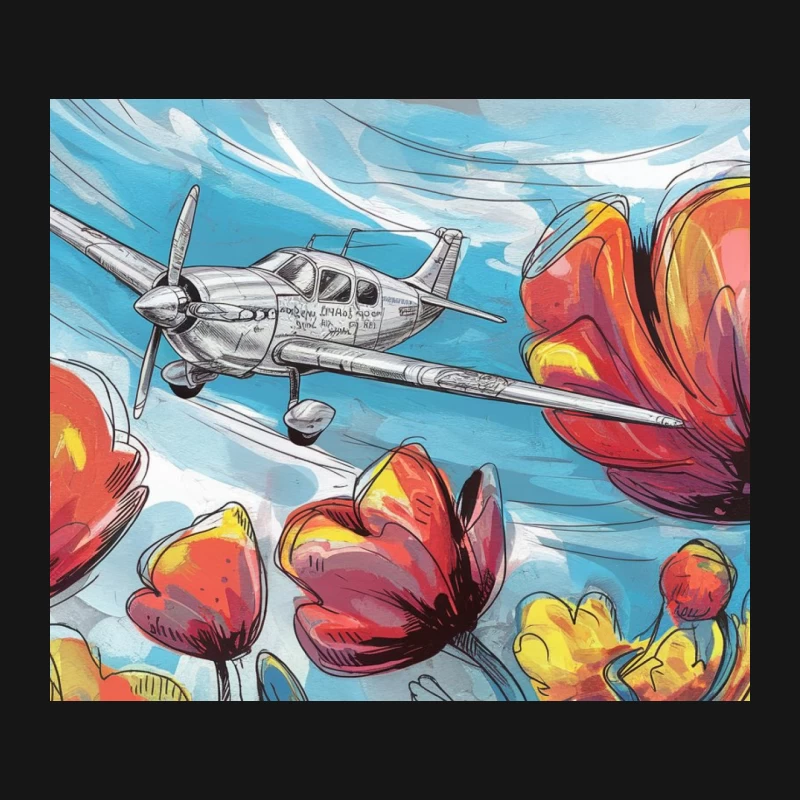 Surreal Painting of Airplane Flying Through Colorful Tulips in Sky Mouse Pad