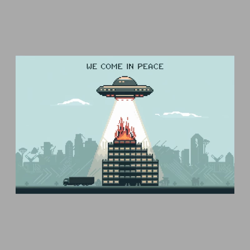 Retro Pixel Art UFO Invasion of City Skyline Female Pullover Hoodie