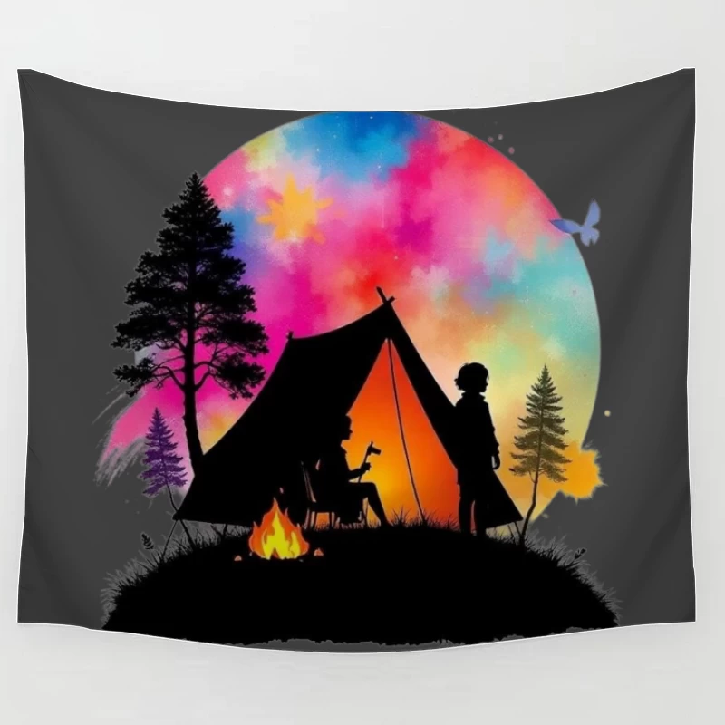 Magical Camping Night Under Colorful Aurora Sky Tapestry