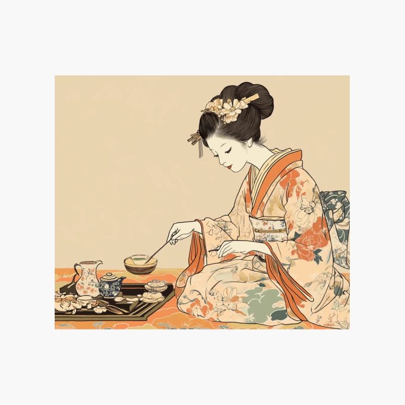Elegant Geisha Performing Traditional Tea Ceremony in Vintage Japanese Illustration Cotton Tote Bag