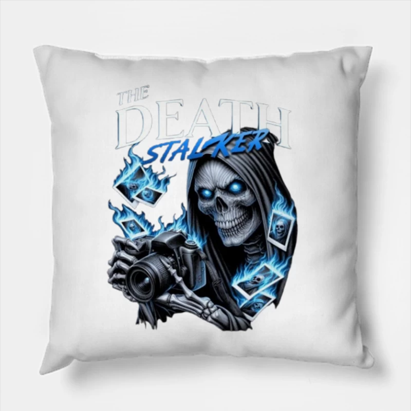 The Death Stalker: Skeletal Photographer with Blue Flames Throw Pillow