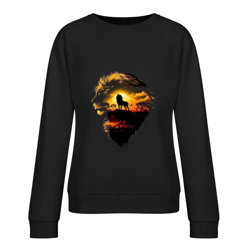 Majestic Lion Silhouette with Sunset Landscape Female Pullover Sweatshirt