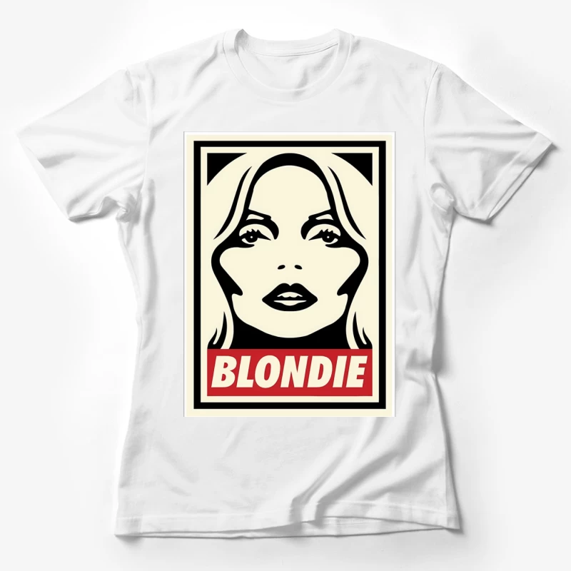 Stylized Pop Art Blondie Band Poster in Black and White with Red Text Female T-Shirt