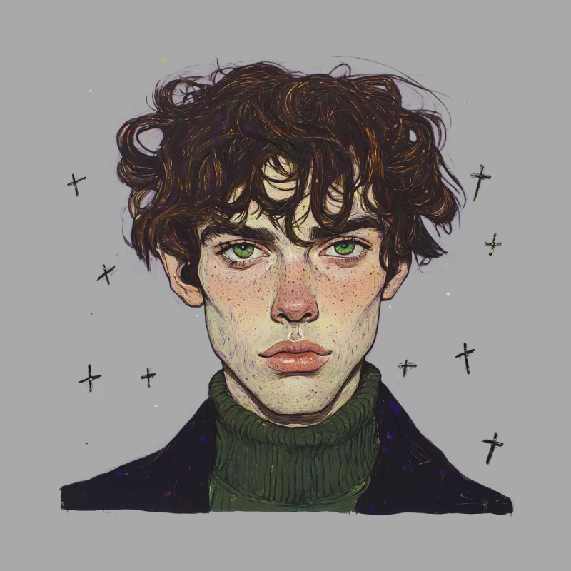 Artistic Portrait with Green Eyes and Turtleneck Male Pullover Hoodie