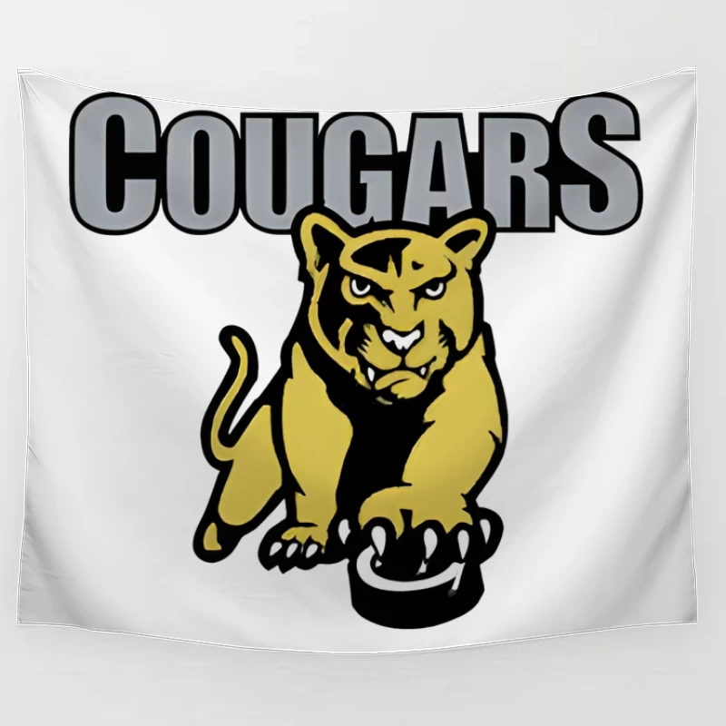 Fierce Yellow Cougar Sports Team Logo with Gray Text Tapestry