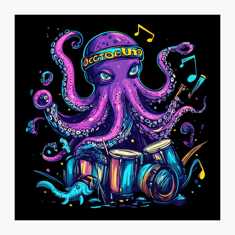 Psychedelic Octopus Drummer: A Colorful Musical Illustration Pin