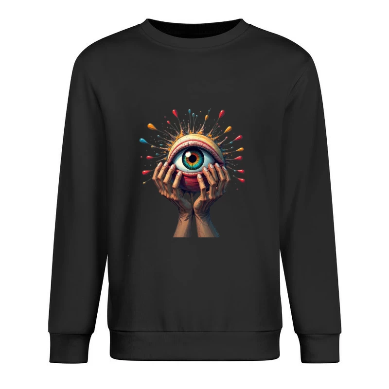 Mystical Eye Embraced by Reaching Hands with Colorful Splatter Male Pullover Sweatshirt