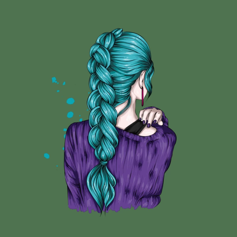 Teal Braided Hair Fashion Illustration Pin