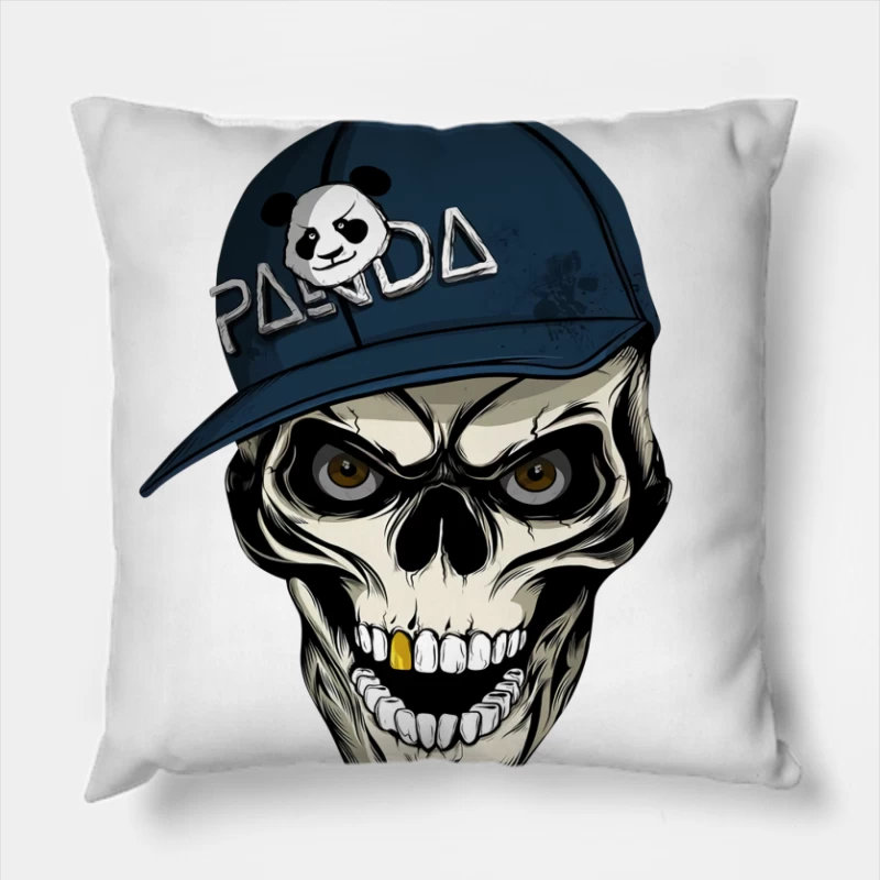 Skull with Panda Cap Graphic Illustration Throw Pillow