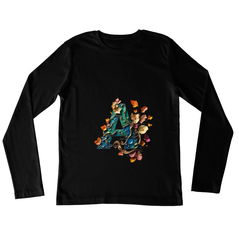 Ornate Teal Letter A with Autumn Floral Embellishments Female Long Sleeve T-Shirt