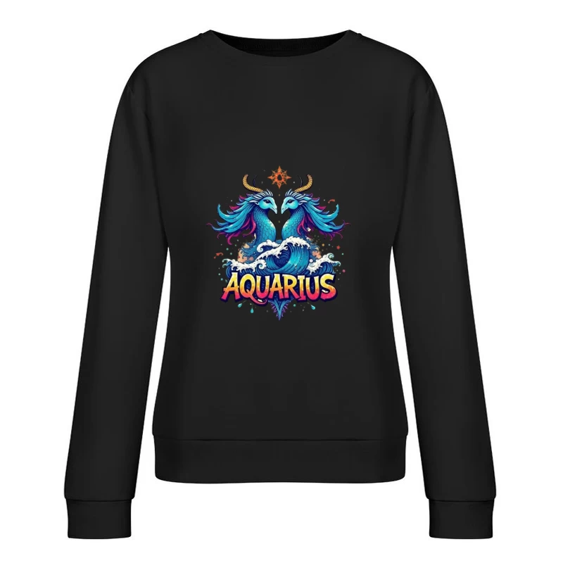 Colorful Aquarius Zodiac Sign with Waves Female Pullover Sweatshirt