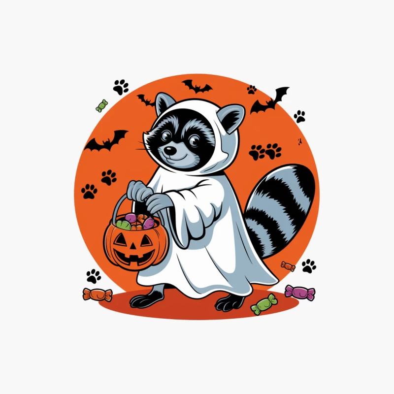 Cartoon Raccoon in Ghost Costume with Halloween Pumpkin Basket Cotton Tote Bag
