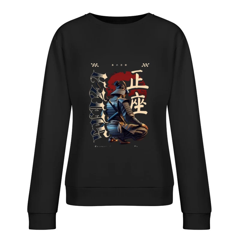 Kneeling Samurai Warrior with Traditional Japanese Calligraphy Female Pullover Sweatshirt