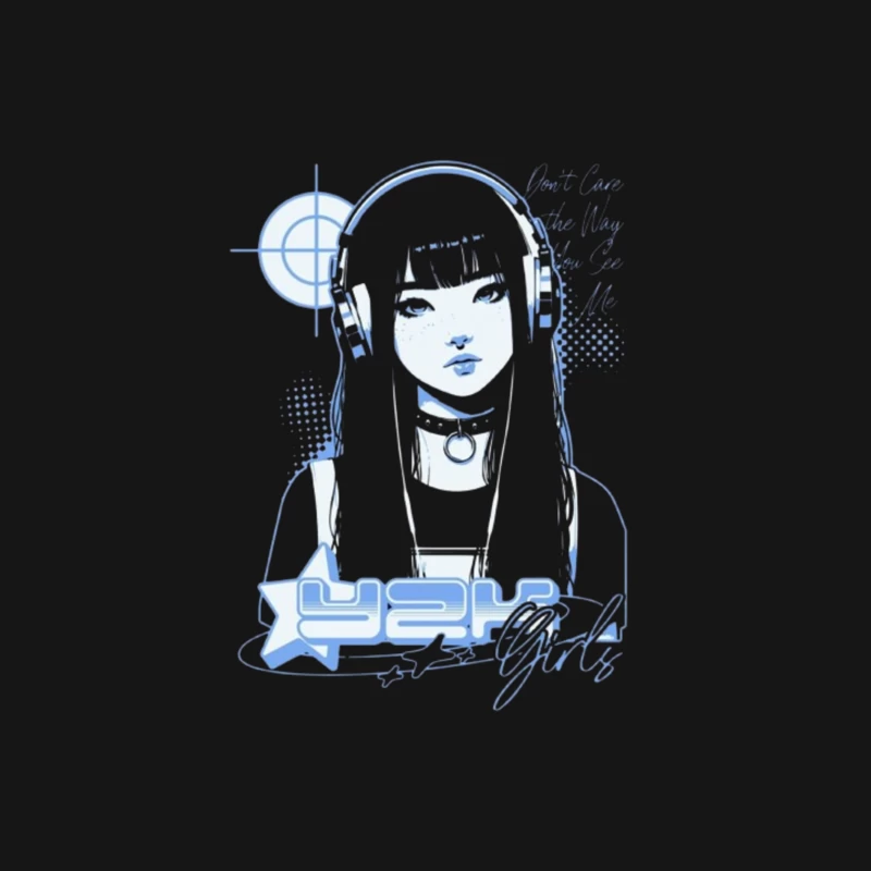 Blue Monochrome Gothic Anime Girl with Headphones Male Long Sleeve T-Shirt