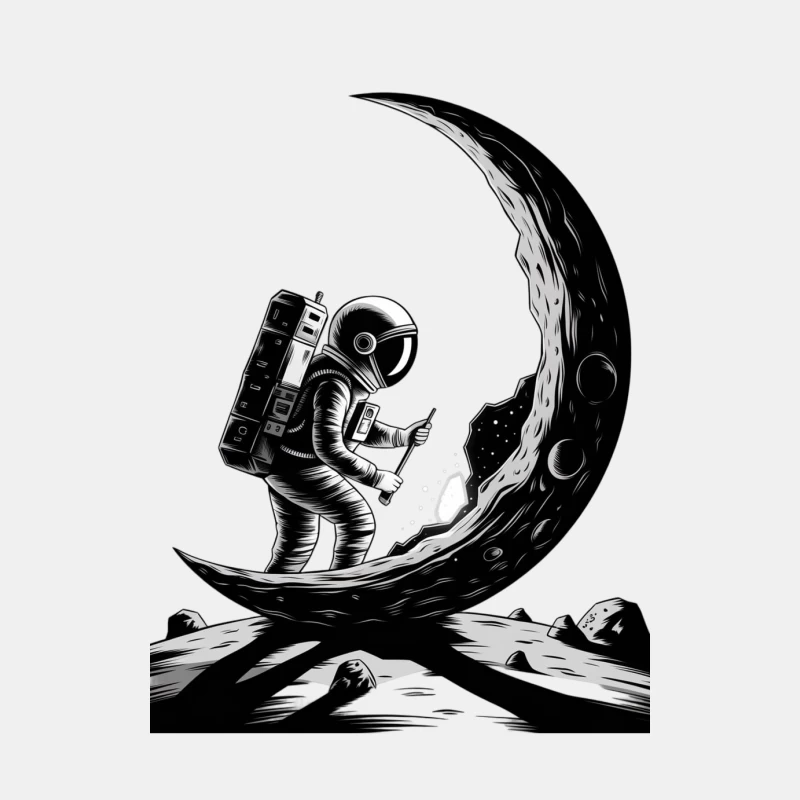 Astronaut on Crescent Moon Black and White Space Illustration Male Tank Top