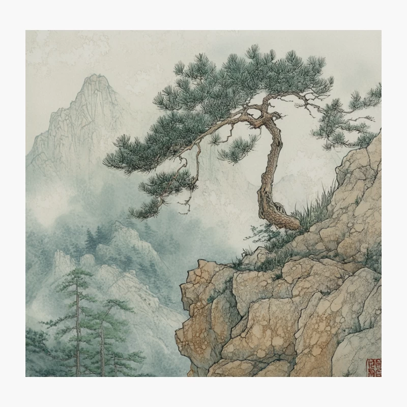 Misty Mountain Pine: A Traditional Chinese Landscape Throw Pillow