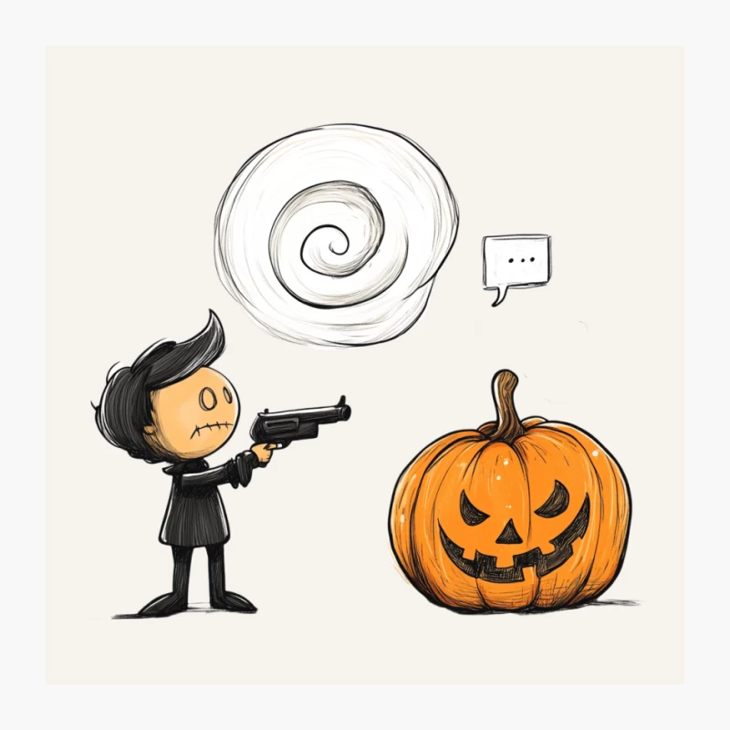 Spooky Halloween Cartoon with Gun-Wielding Character and Jack-o'-Lantern Pin