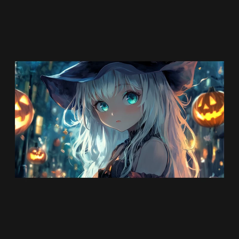 Enchanting Halloween Night: Anime Witch with Glowing Eyes Amidst Jack-o'-Lanterns Desk Mat