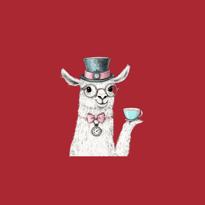 Whimsical Illustrated Llama in Top Hat and Glasses Holding Teacup Baseball Cap
