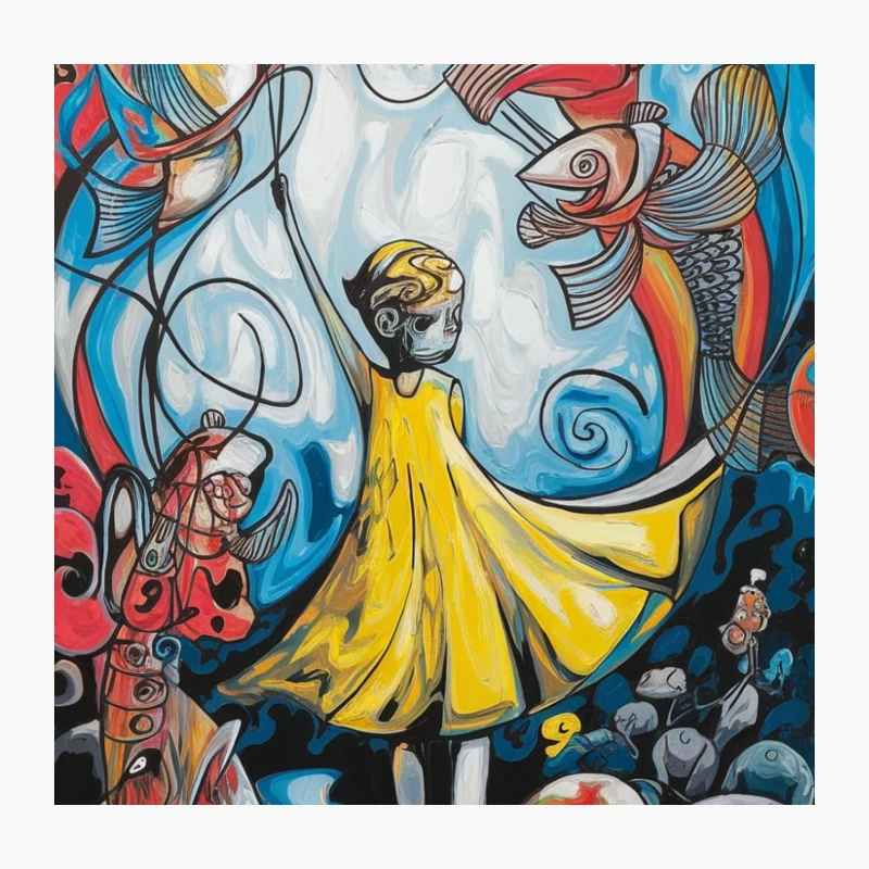 Whimsical Surrealist Scene with Yellow-Dressed Figure and Abstract Shapes Throw Pillow